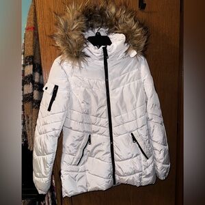 White Hooded Quilted Puffer Coat with Faux-Fur Trim